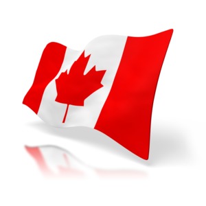 A perspective view of the flag of Canada rippling in the wind.