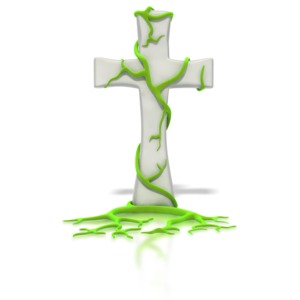 A cross with green vines growing up it.