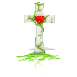 A cross with green vines growing up it hold a red heart in the middle of the cross.