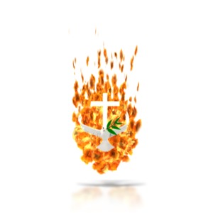 A dove flaps its wings on a background of fire in this religious power clipart.