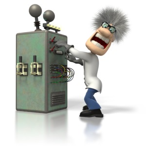 A mad scientist fiddles with his experiment machine 