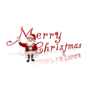 Santa waves while standing in front of text that reads merry christmas