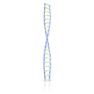 A DNA helix spirals upward. 
