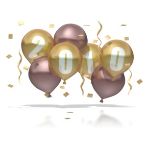 Gold and burgundy balloons are bunched together.  The year 2010 is stenciled on the gold balloons in this New Years clipart.