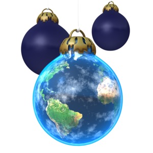 The planet earth hangs as a decorative Christmas ornament in this holiday clipart. 