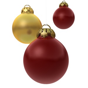 Three red and gold Christmas ornaments hang together.