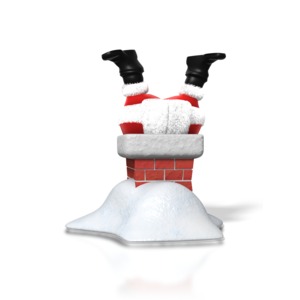 Santa Claus finds himself stuck upside down in a chimney on Christmas Eve.  Only his boots poke out the top of the chimney in this presentation graphic.