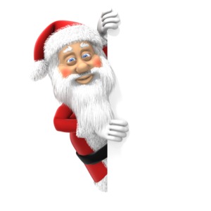 Santa Claus peeks from behind a blank white page in this Christmas presentation graphic.