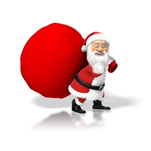 Santa Claus caries a huge red sack of toys on his back in this Christmas graphic.