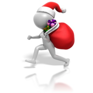 An image of a Christmas stick figure with a Santa hat and a red bag full of gifts over his shoulder.  The figure is in a hurry to deliver the presents.