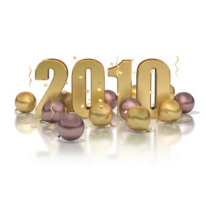The text 2010 sits on the floor surrounded by gold balloons and confetti in this New Year party and celebration image.
