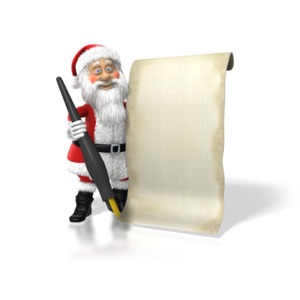 Santa Claus stands beside a blank piece of parchment paper holding a pen.  Will you be on his list this year? 