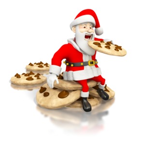 Santa sits upon a stack of giant cookies as he gears up to take a bit of one.