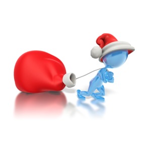 A blue character pulls Santa&#039;s big red bag while waring Santa&#039;s red hat.