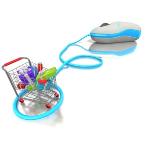 A cord comes out from a computer mouse and makes a circle at the end with a shopping cart with presents resting in the middle.