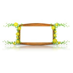 A wood sign surrounded by vines with yellow flowers.