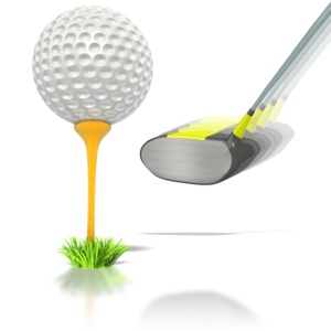 A golf club swings at a golf ball perched upon a yellow tee.