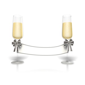 Two champagne flutes with a blank sign hanging between them.