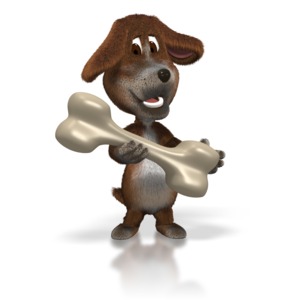 A cute cartoon dogs stands happily holding a large bone.