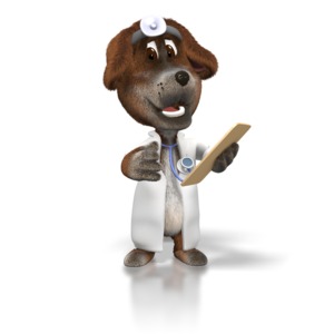 An image of a cartoon dog dressed like a doctor.  A good graphic for veterinarians or anyone involved in animal medicine or science.