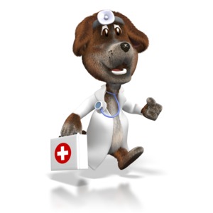 An image of a running cartoon dog dressed as a doctor or veterinarian.  The dog is carrying a first aid kit.  This is a perfect piece of clipart to illustrate a vet making a house call. 