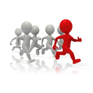 A clipart image of a group of stick figure runners.  The stick figure in the lead is red. A great concept image of winning the race or staying ahead of the competition.