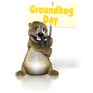 An image of a cute cartoon groundhog holding a sign.  The sign reads Groundhog Day.  A 3D rendered image.