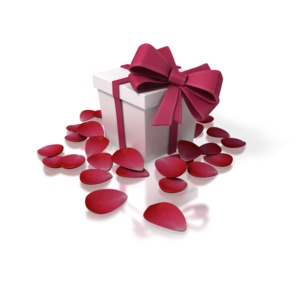 An image of a Valentines Day gift box. The box is wrapped in a red ribbon with a big red bow and surrounded by red rose petals.