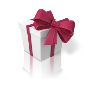 An image of a white gift box wrapped with a red ribbon and topped with a big red bow. 