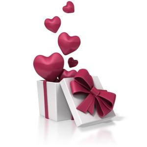 An image of a pretty Valentines Day gift box.  The box is filled with deep red hearts which are floating out of the open box. 