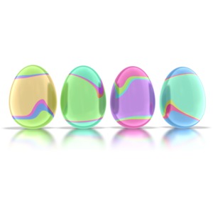 In this 3d clipart four colorful Easter eggs line up next to each other.