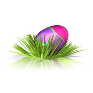 In this 3d clipart a colorful Easter egg sits in a patch of grass.