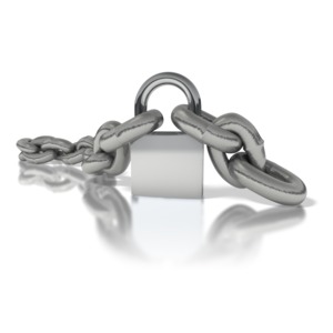 An image of a lock and chains.  Chain links surround a silver lock in this security concept graphic.  A great image to indicate safety or protection.
