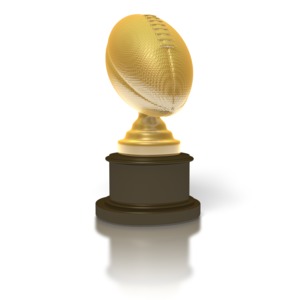 An image of a gold trophy for American football.  A stylized gold football sits on top of a dark base.  There is room to add your own text to the bottom of the trophy.