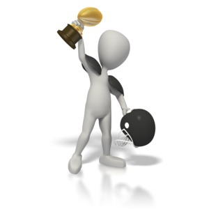 An image of a stick figure football player holding up a golden trophy.  The player holds a football helmet in the other hand.  A great image to celebrate a win or illustrate a championship.
