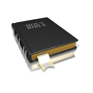 An image of the Holy Bible for a perspective.  The Bible is black with silver text and has a gold and withe bookmark inserted in the center.  A good image to use with scripture references.