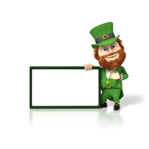An image of a happy leprechaun standing next to a blank sign. The leprechaun is dressed in a brilliant green suit and is wearing a green top hat.  There is room on the sign for you to add your own text.  Happy St. Patrick&#039;s Day.