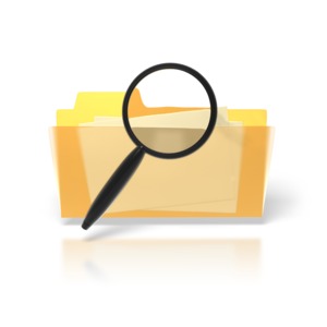 An image of a magnifying glass searching a single yellow file folder.  A PowerPoint icon to indicate search, research, or looking at something close up.