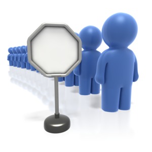 This clipart image shows a long line of blue characters stopped at a octagonal sign.   