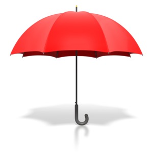 This image contains an opened red umbrella standing upright. This graphic could be used for weather related purposes.