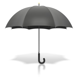 This image contains an opened black umbrella standing upright. This graphic could be used for weather related purposes.