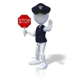 An image of a stick figure dressed a police officer.  The police officer is holding a stop sign and has his hand raised.
