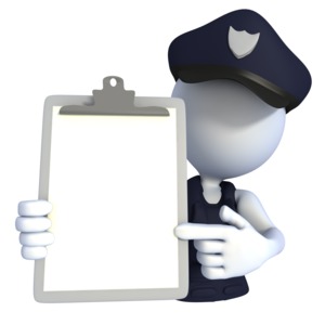 An image of a security guard or police officer holding a clipboard.  The clipboard is blank and has room for you to add your own text.