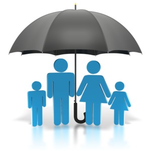 This image contains a family standing under am umbrella. The image represents shelter from the weather, as well as insurance or protection for the family.