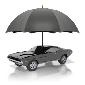 This graphic contains a black classic sports car sitting under an umbrella. The image represents protecting and covering your investment with insurance.