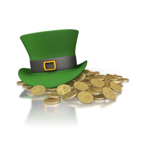 An image of a Irish style green top hat sitting on top of a pile of gold coins.  A great St. Patrick&#039;s Day image.