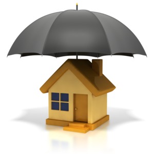 This image contains a house under an unbrella. The graphic is representational of protecting your house and investment with insurance.