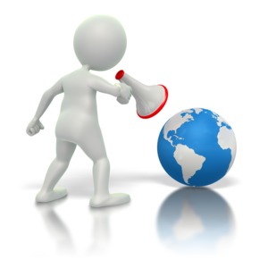 This clipart image shows a stick character yelling at the earth through a megaphone.  This graphic could be used in presentations where a global point of view is being shared.