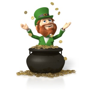 An image of a happy leprechaun throwing his gold from his Pot of Gold in to the air.  A perfect image to illustrate the luck of the Irish for St. Patrick&#039;s Day.