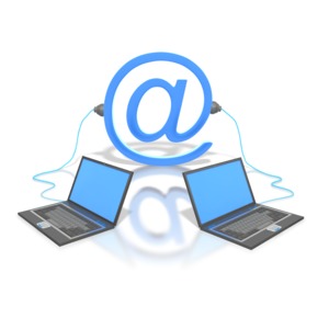 This clipart image shows two laptops plugged into an @ symbol signifying a connection through email.  This graphic could be used in any presentation relating to the internet, world wide web and social networking, 